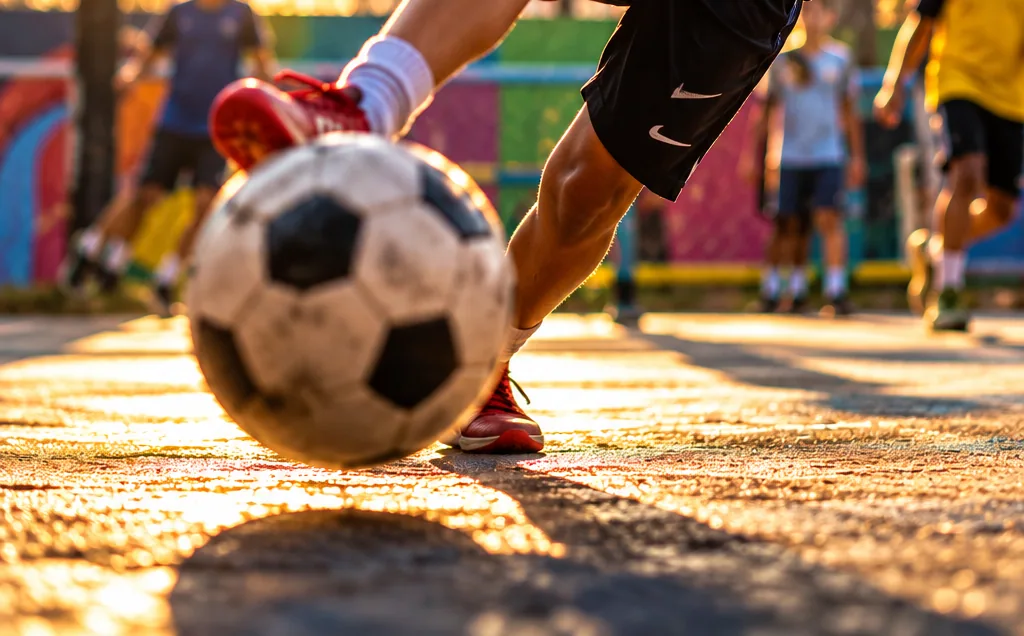 Menino chutando bola de futebol em quadra comunitária ao pôr do sol